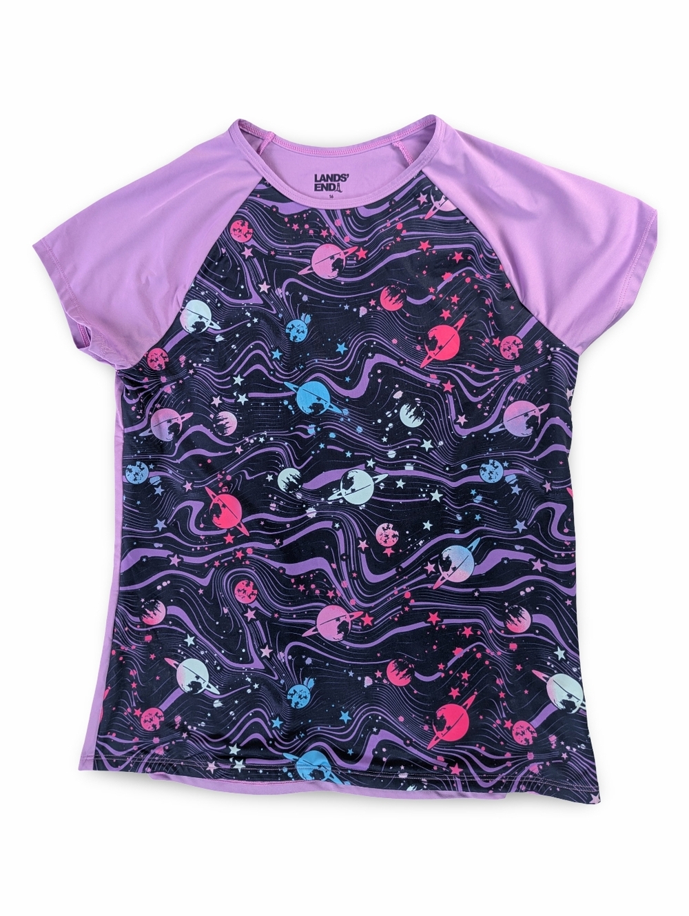 Lands' End Girls Mystic Galaxy Rash Guard UPF 50 Size 16 Cosmic Swim Shirt EUC